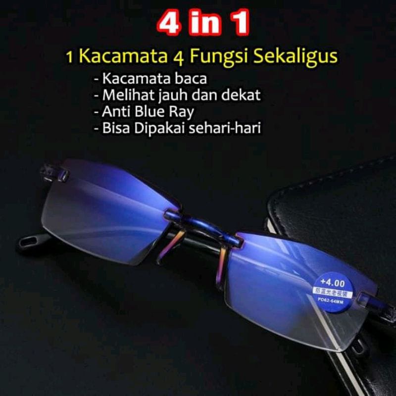 KACAMATA PLUS 4 In 1, BISA UNTUK BACA DAN JALAN +LENSA Anti Radiasi (BLURAY)  /Kacamata Plus / Kacamata Rabun Dekat Pria Wanita