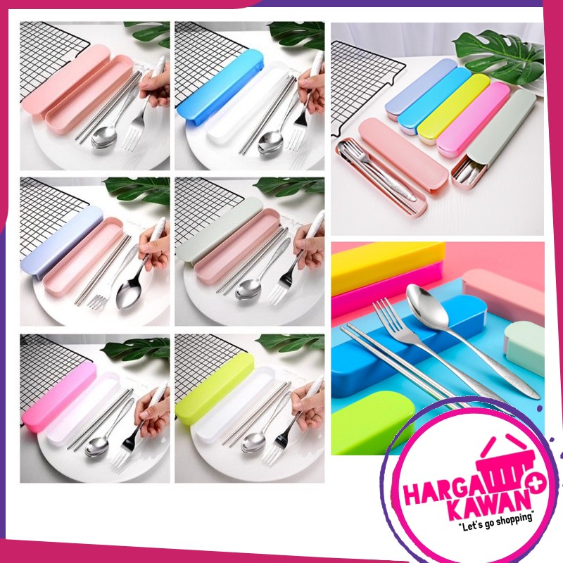 Sendok Garpu Sumpit Set Bahan Stainless Steel Sendok Alat Makan Travel Portable Hargakawan