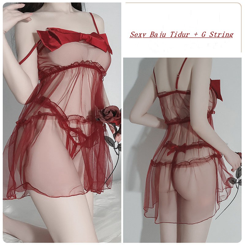 Lingerie Sexy boneka Rok Mini Perspektif Seksi Open G String Busur Pakaian dalam Set A502