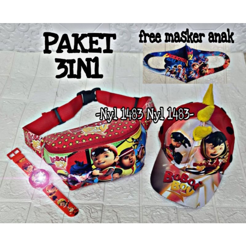 PAKET MURAH 3IN1 TAS SELEMPANG WAISTBAG ANAK KARAKTER KARTUN FREE JAM DAN TOPI ANAK ( REAL PICT)