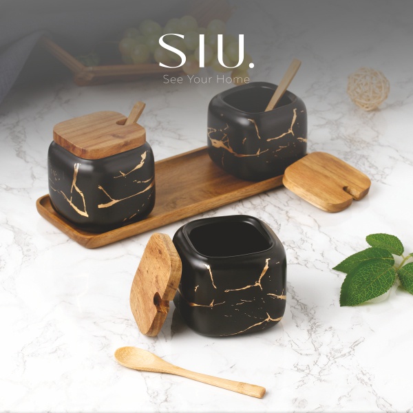 Set Tempat Bumbu Marmer Nampan / Marble Seasoning Pot with Tray Set