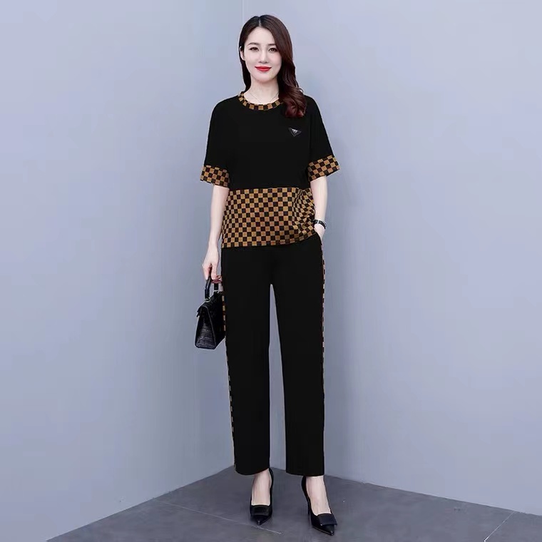 Stok bersih【Bisa COD】L-4XL Real Foto Katun One Set Women Setelan Wanita Mode 3/4 Lengan Cetak Wanita Kasual Longgar Stelan