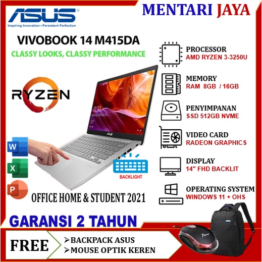 Laptop Gaming Murah Baru Asus VivoBook M415DAO Ryzen 3 3250U 8GB SSD 512GB 14 Inch Full HD Win 11 OHS