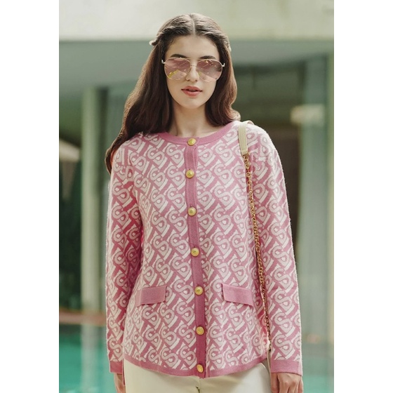 READY Bimu Knit Top Cocoa Cardigan Bimu Pink Signature Monogram Lollipop size M