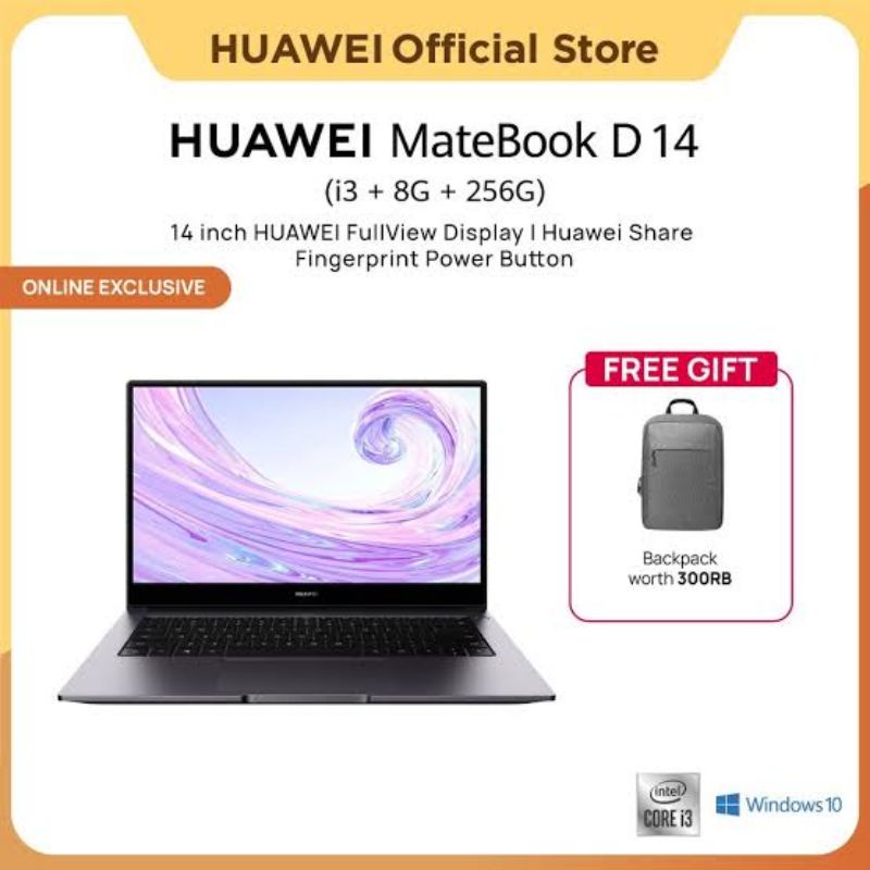 HUAWEI MateBook D14 i3 Laptop [Intel i3/8GB/256GB] | 14-Inch HUAWEI FullView