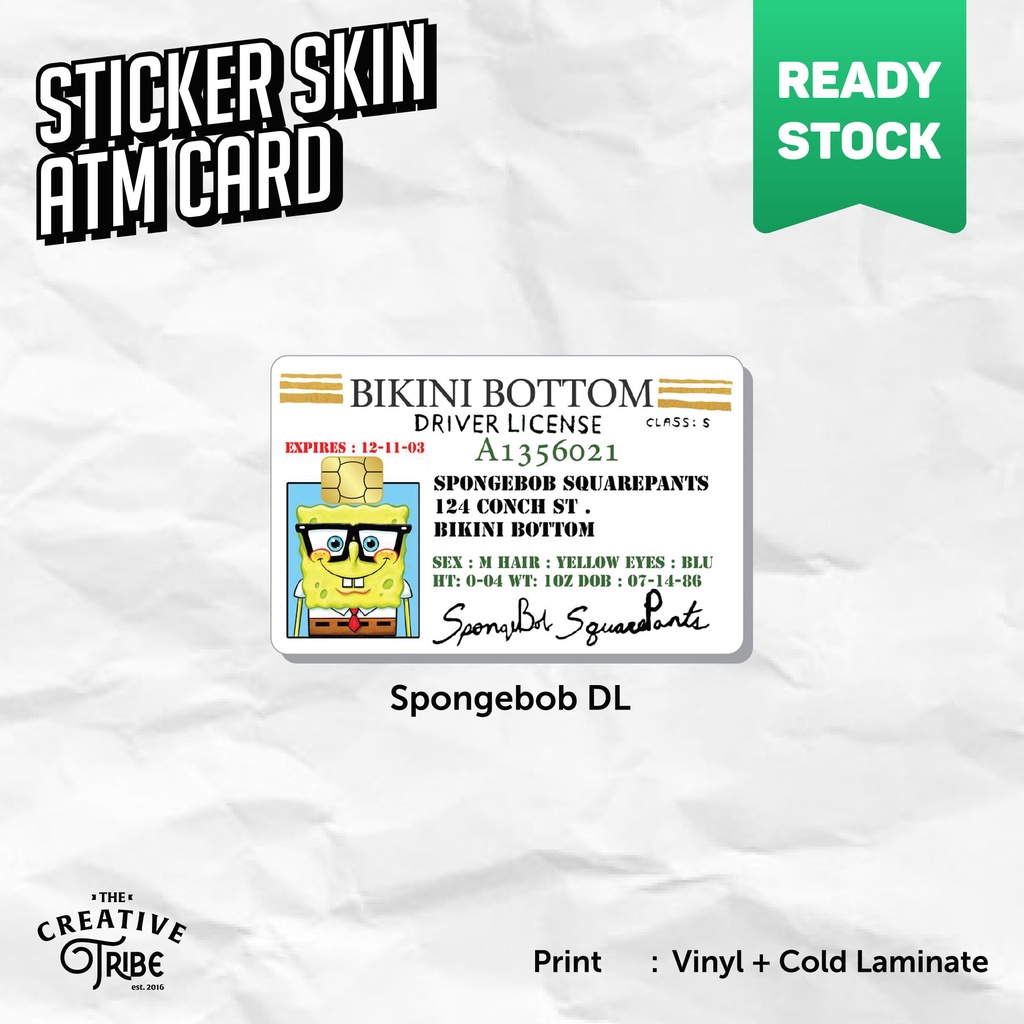 Sticker Skin Card Spongebob Driver License for ATM / Etoll / RFID