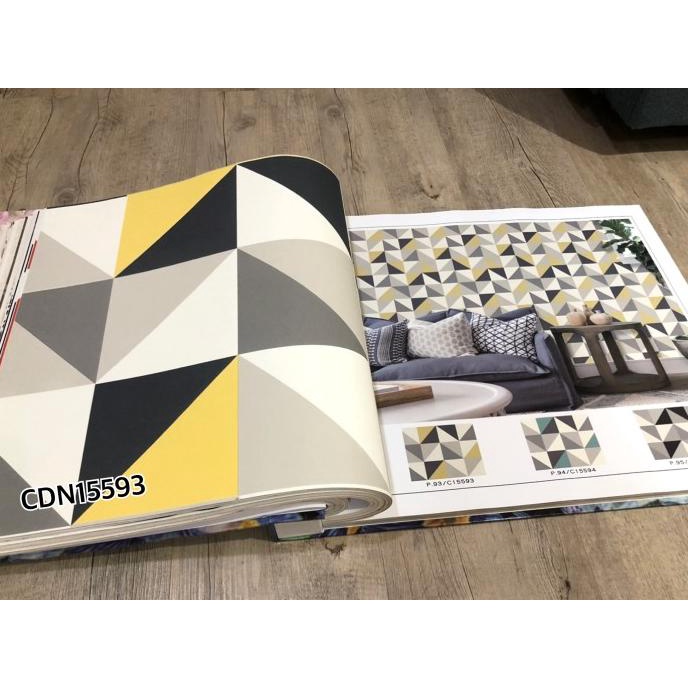 Wallpaper Dinding Segitiga Mozaik Geometri Kuning Tosca Hitam Terbaru