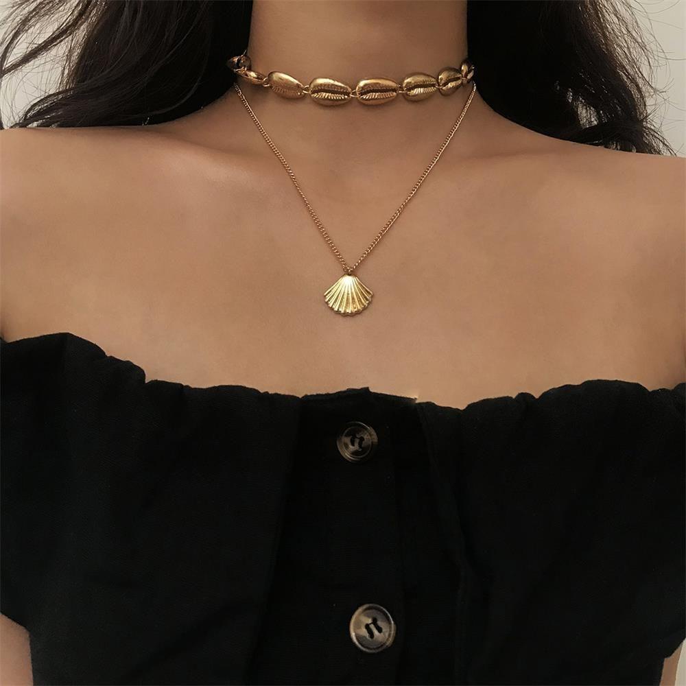 Solighter Multilayer Shell Kalung Wanita Rantai Choker Emas Perak Perhiasan Pantai