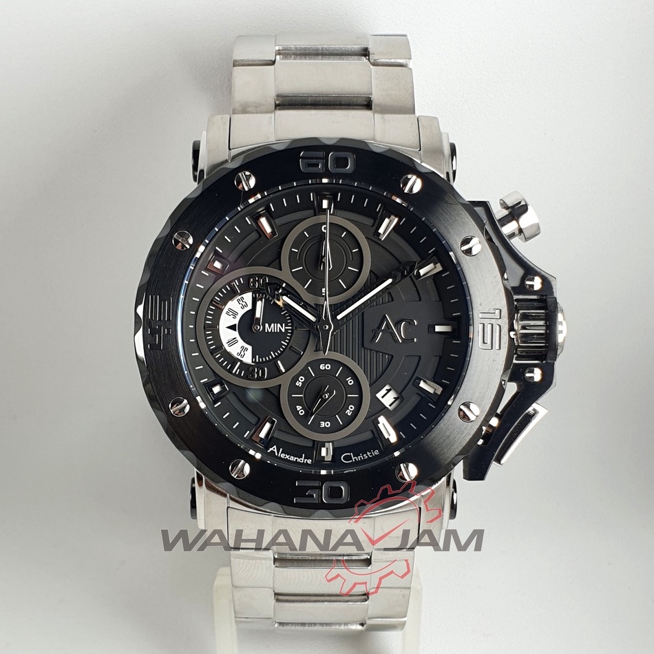 Alexandre Christie AC 9205 MCBTBBA / Hitam Silver AC9205 MC BTBBA Jam Tangan Pria Rantai Steel Sport