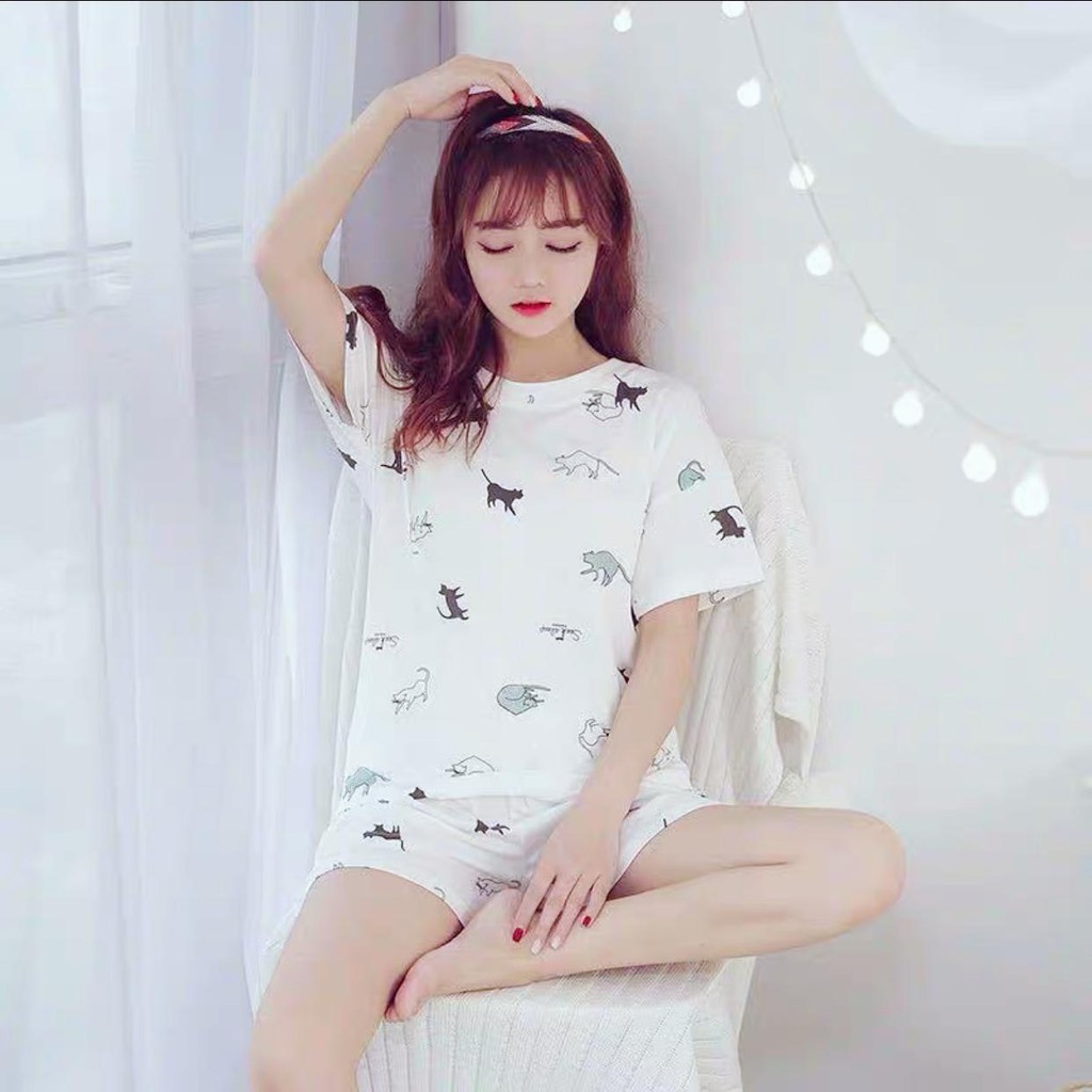 Baju Tidur Piyama Set/Piyama Wanita Import/Baju Piyama Pendek/Short Sleep Wear-K13- Putih Cat