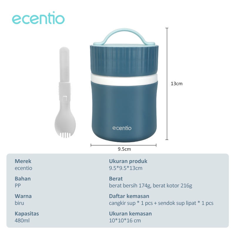 ecentio &amp; FOODI 480ml termos mini anti tumpah blue/termos bekal tahan panas/termos air panas biru/termos sup biru plastic lunch sup termos cup/termos panas mangkok 480ml/termos sup tahan panas biru/termos nasi/termos air panas mini 480ml