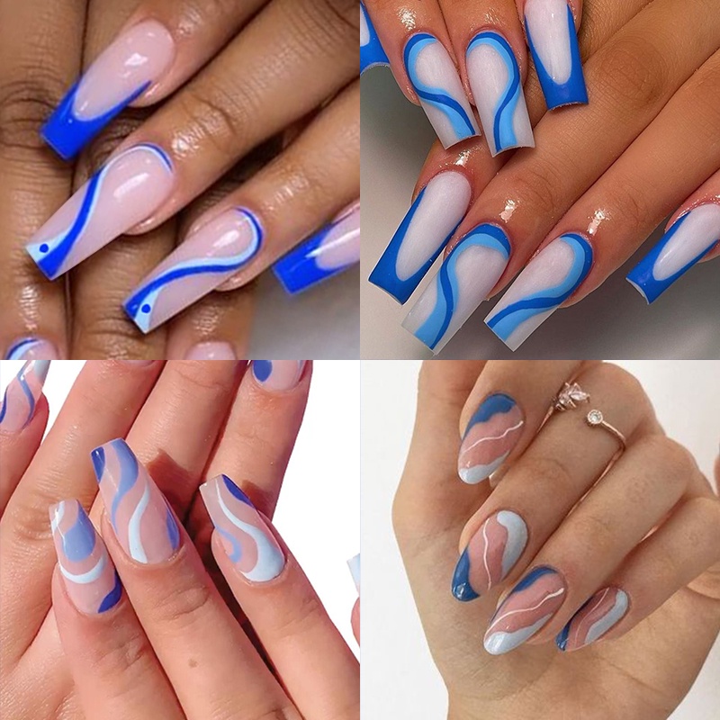 Stiker Kuku 3D Motif Garis Gelombang Warna Biru Putih Untuk Dekorasi Nail Art