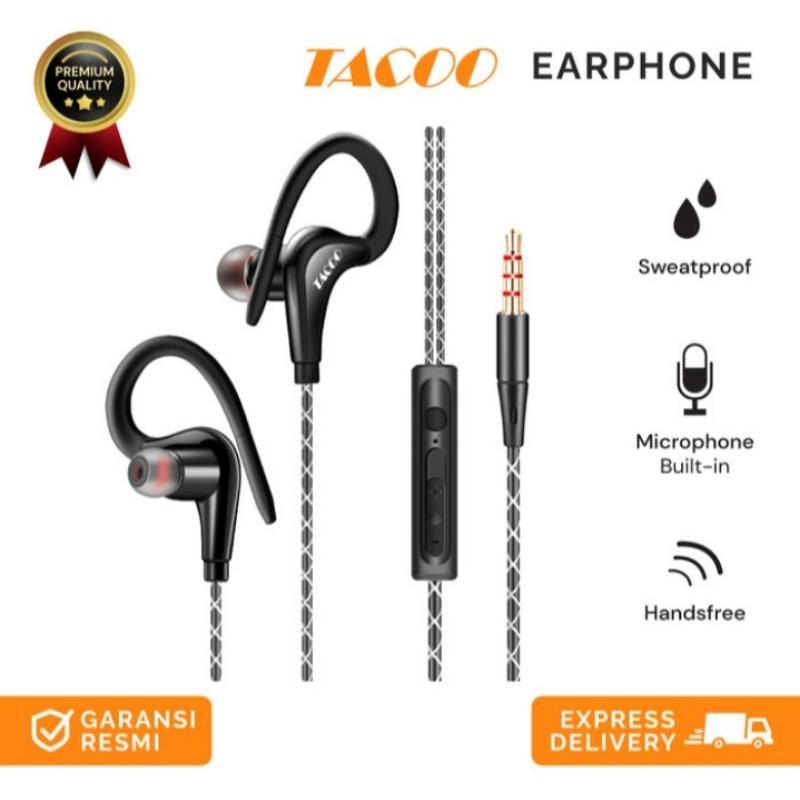 (New) TACOO Earphones Sport Headset + Mikrofon Kabel Waterproof Hi-Fi Stereo (Garansi Resmi)
