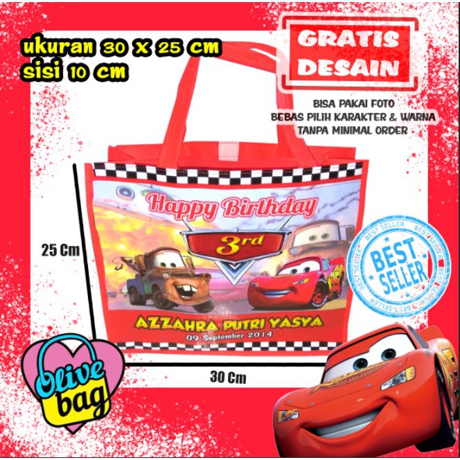 

Tas Ultah Cars / Goodie Bag Ulang Tahun Mc Queen Cars / Goodie Bag Cars Mobil Merah Uk. C 30x10x25cm