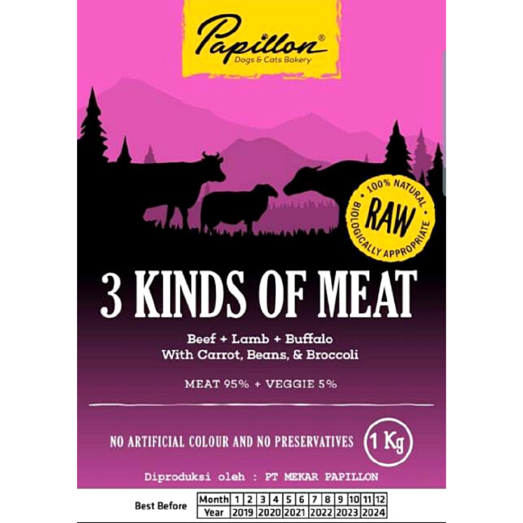 

PAPILLON Makanan Anjing RAW 3 Kind Meat 1kg
