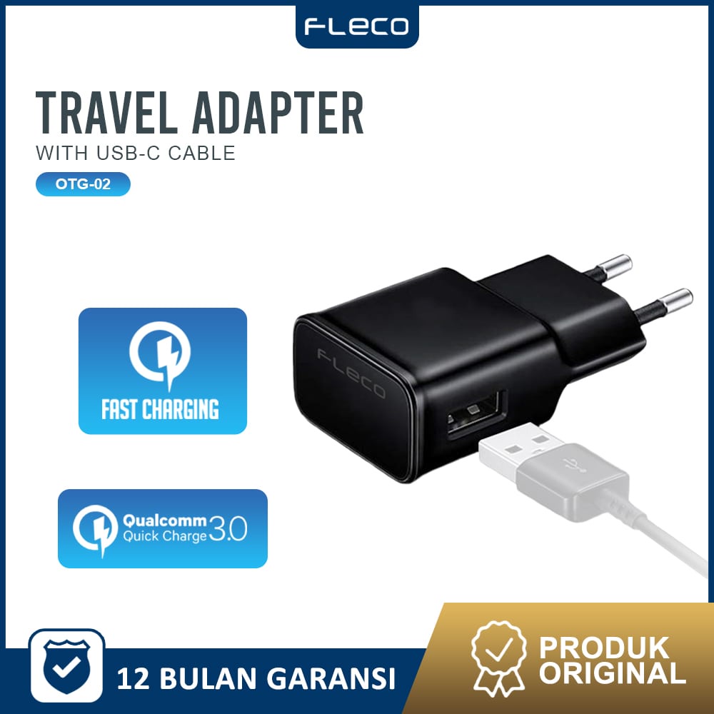 Adaptor Charger Single USB Port 2A Travel FLECO TA-200