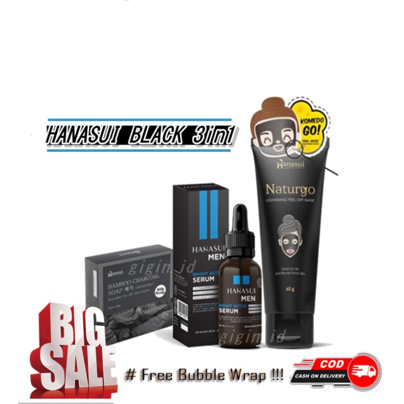 SKINCARE PRIA BPOM HANASUI BLACK SERIES / Charcoal Soap + Men Bright Active Serum + Naturgo Mask Tub