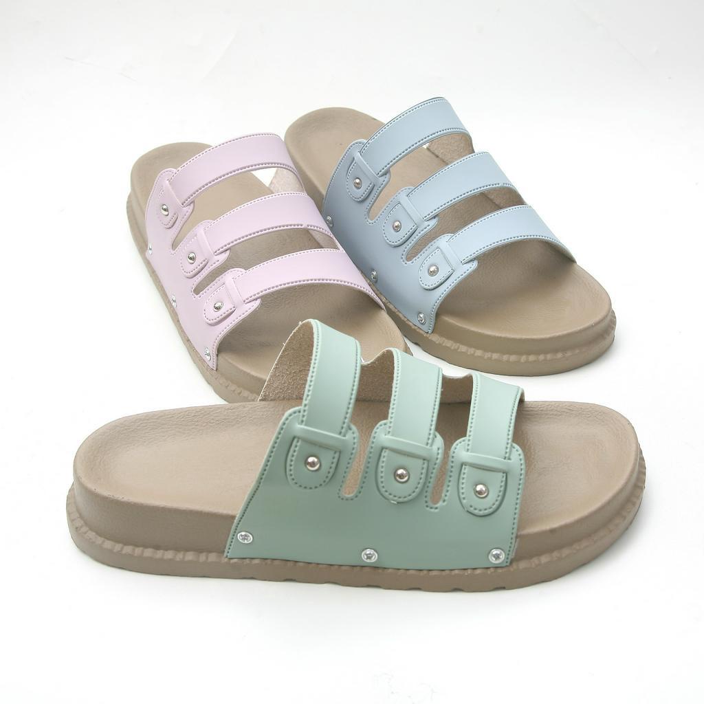 SANDAL WANITA PLATFORM BAN TIGA KOKOP SELOP WARNA PASTEL