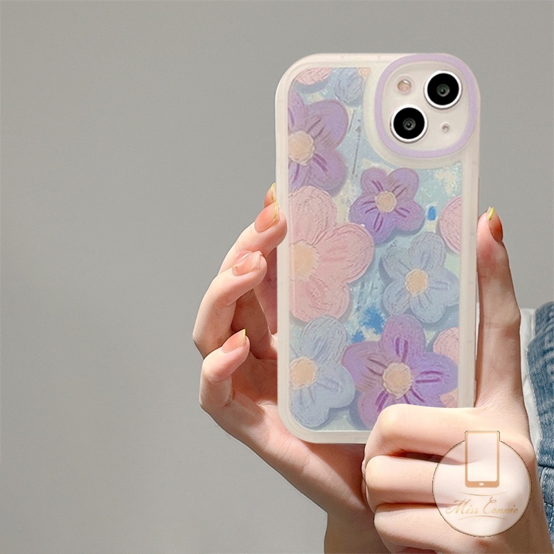 IPHONE Ins Fashion Retro Bunga Ungu Casing Ponsel Kompatibel Untuk Iphone11 7 8 Plus 12 13 11 14 Pro Max X XR XS Max 6 6s SE 2020 Plus Perlindungan Lensa Oval Soft TPU Cover