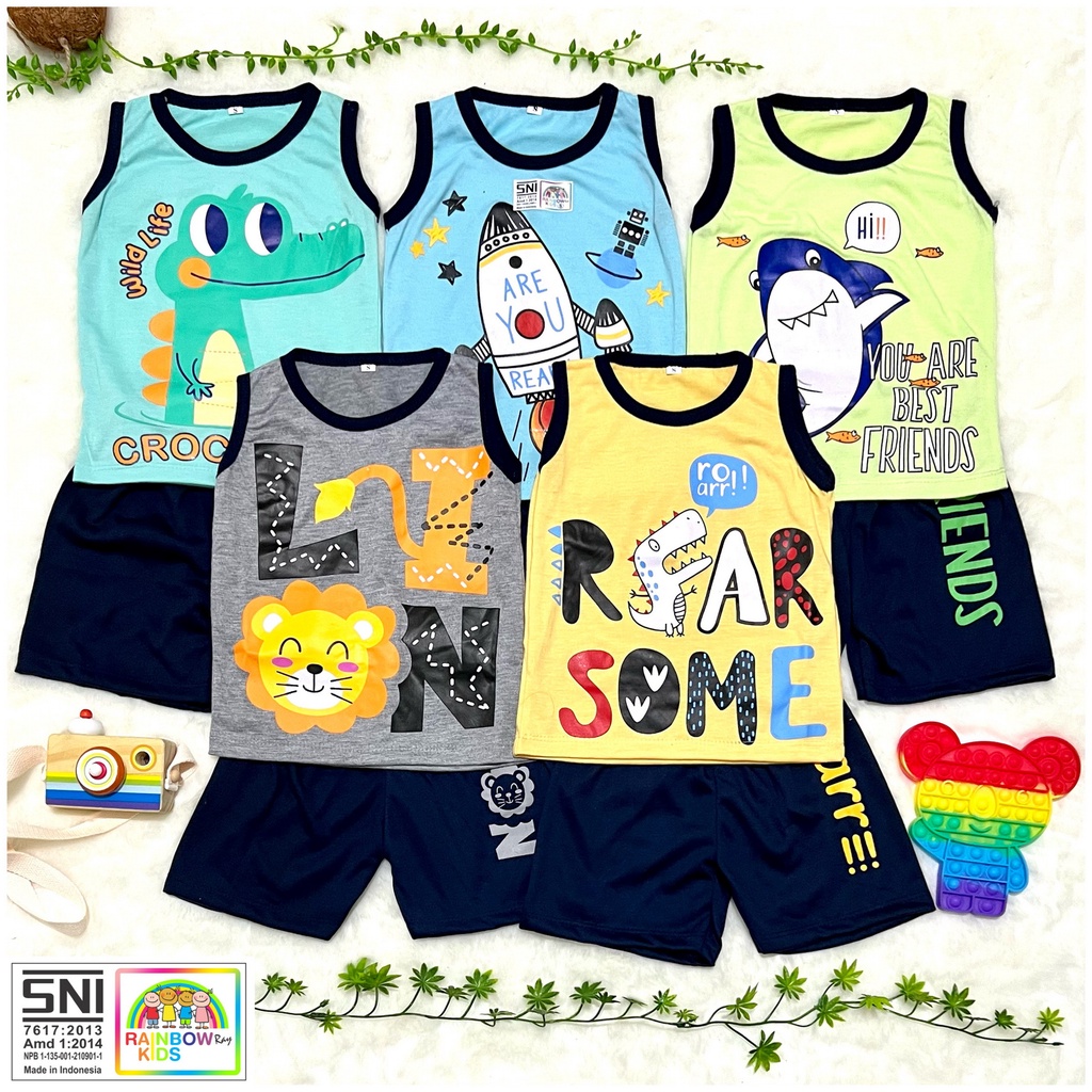 RAINBOW - SETELAN SINGLET ANAK UNISEX COWOK/CEWEK SABLON KOMBINASI