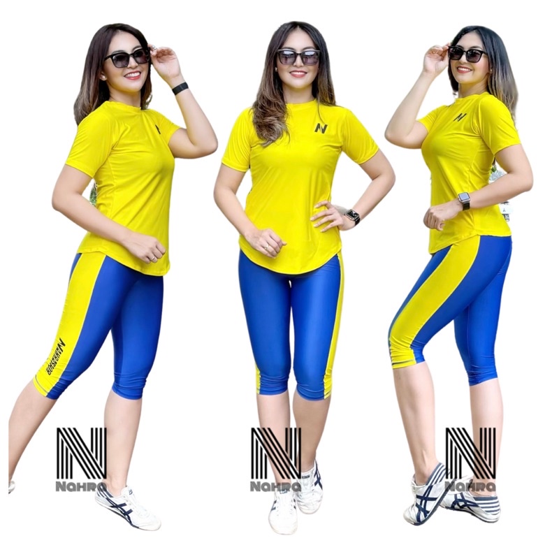 Baju Senam Olahraga N Nahrasport Kuning Biru / Set Atasan Legging 2in1 / Setelan Senam Olahraga Aero