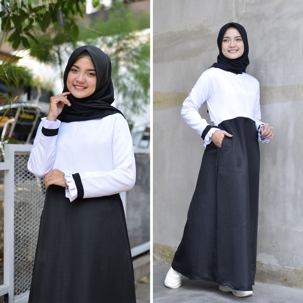 Gamis kerja PDH Kantor Hitam Putih wanita PNS Balotelli Size Lengkap