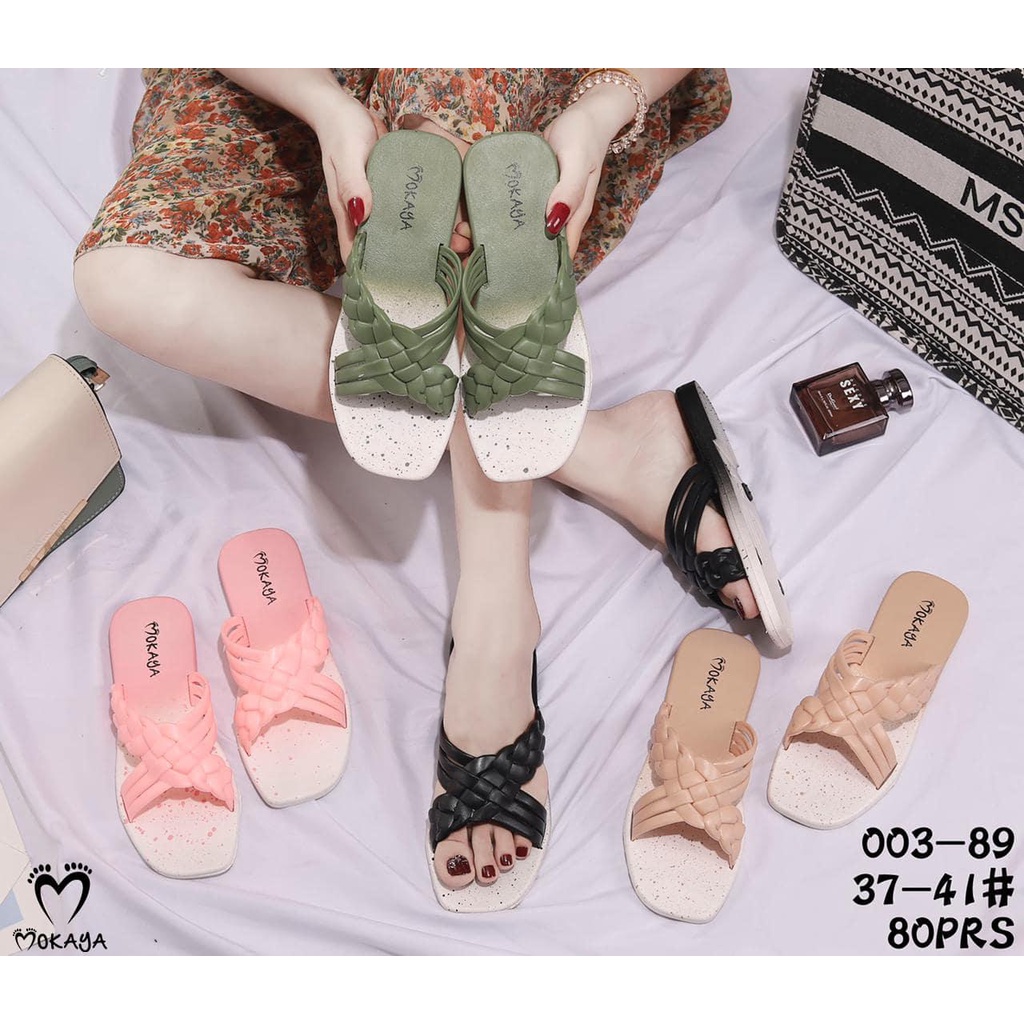 Sandal Slop Wanita Ban Silang Anyam Simple Elegant Cantik Import Mokaya / Size 37-41 (003-89)