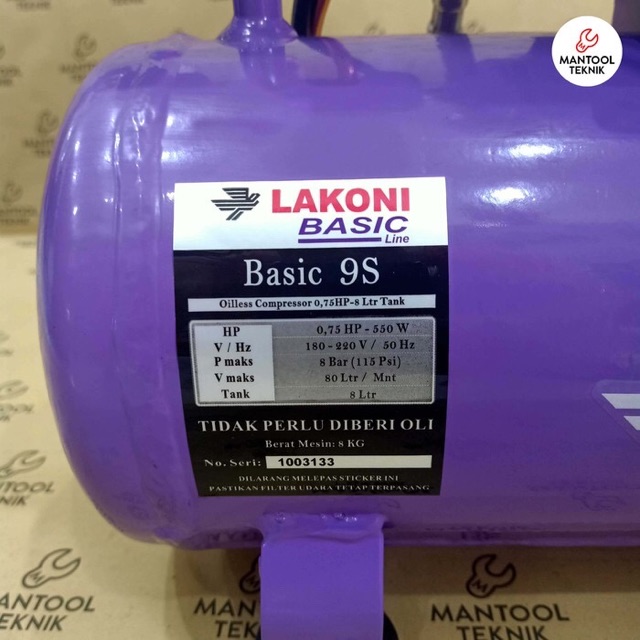 MESIN KOMPRESOR LISTRIK OILESS SILENT 0.75 hp 3/4 HP LAKONI BASIC 9S