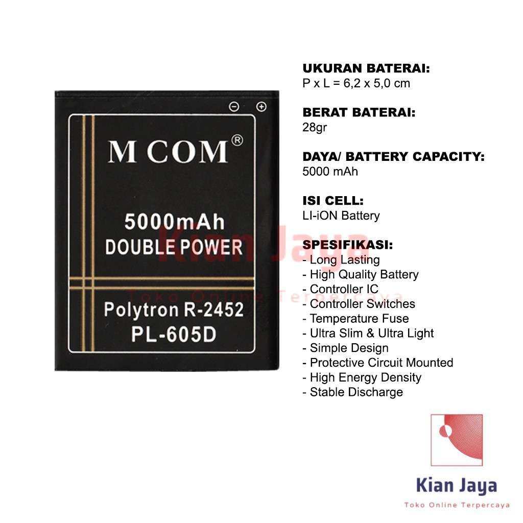 MCOM Baterai Hp Polytron R2452 R2457 Rocket S1 S2 PL6Q5D PL6Q5A Double Power Batre Battery Ori