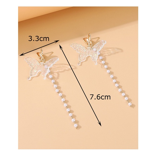 LRC Anting Tusuk Fashion White Butterfly Pearl Alloy Tassel Stud Earrings Y64502