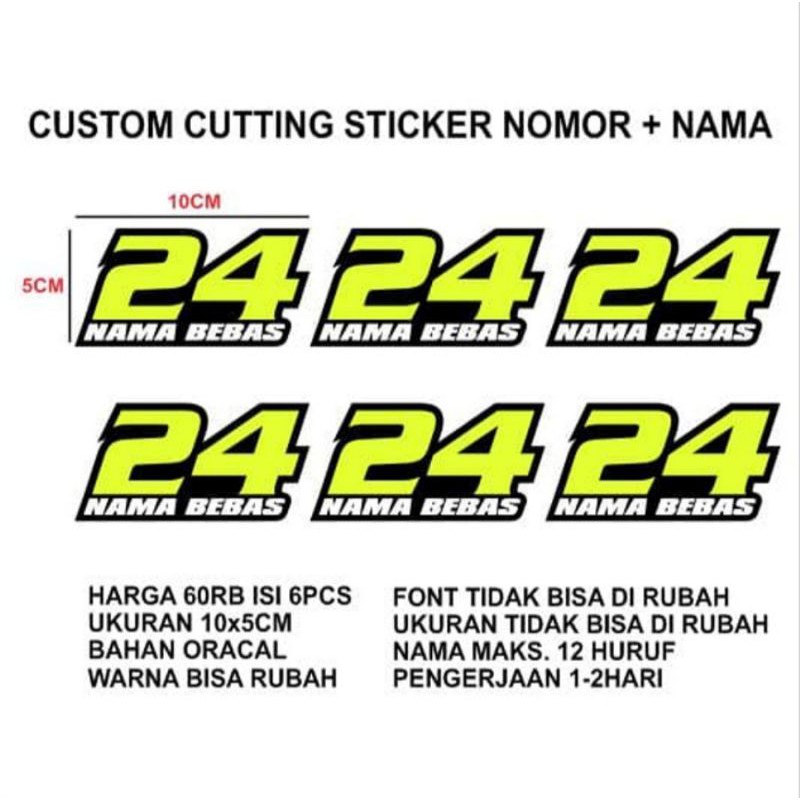 

Custom Cutting Sticker Nomor dan Nama 10x5cm 6pcs