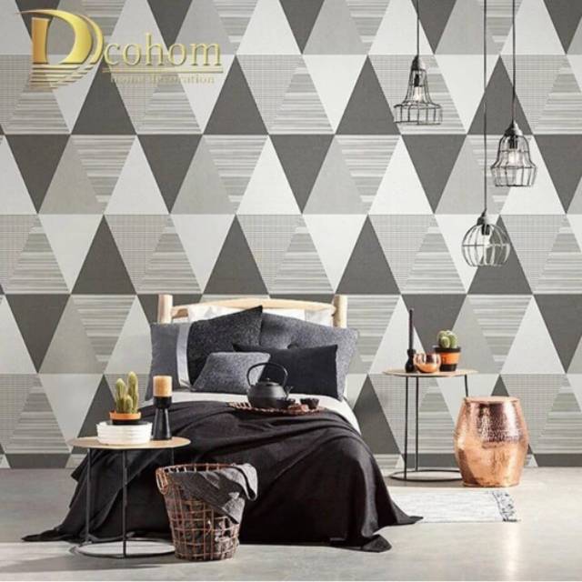 Wallpaper Dinding Motif Segitiga Abu - Abu UKuran Panjang 10Meter x Lebar 45Cm