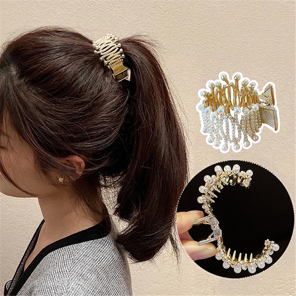Jepit Rambut Ekor Kuda Aksen Mutiara Berlian Gaya retro Untuk Wanita