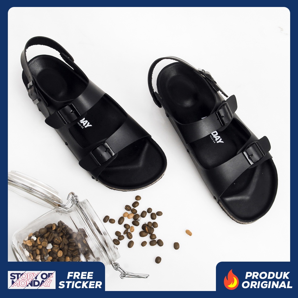 ZORA FULL BLACK ORIGINAL x MONDAY Sandal Casual Hitam Pria Sendal Slide Jalan Santai Harian Main Hangout Slop Kerja Formal Kondangan Lebaran Selop Remaja Dewasa Semi Kulit Premium Distro Footwear Tali 2 Strap Big Size Jumbo Ukuran Besar 44 Keren Terbaru