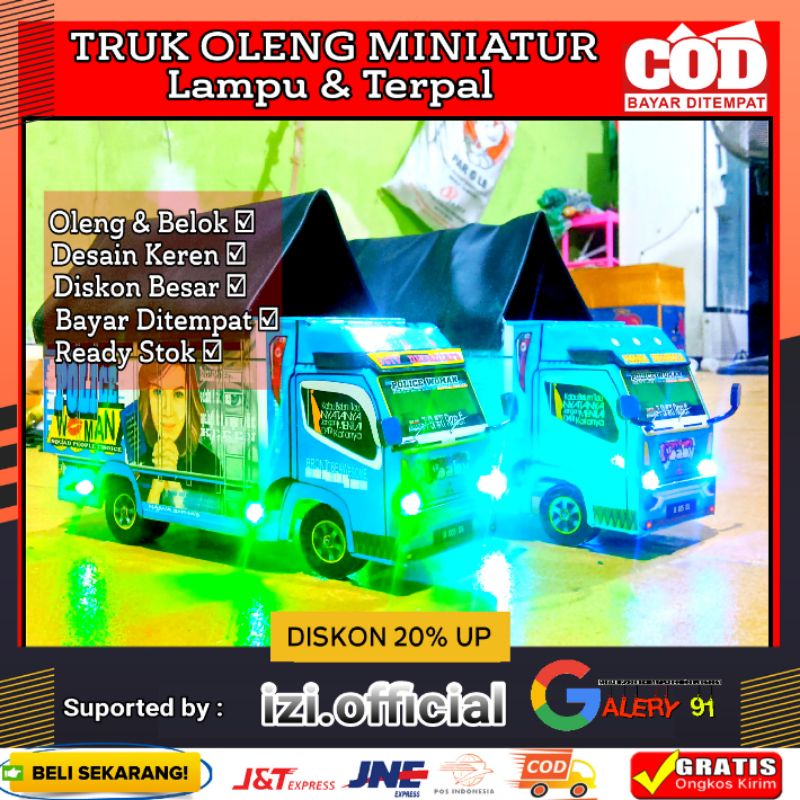 Miniatur Truk Oleng Miniatur Truk Police Woman Full Lampu Terpal Murah Roda Kayu // Truk Oleng