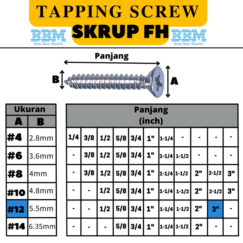 (100 PCS) Sekrup FH 12x3" / Self Tapping Screw FH 12 / Skrup FH 12x3"