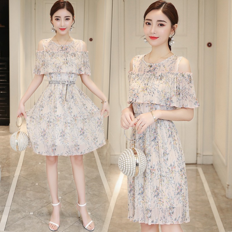 \u2764Dress Midi Model Bahu Off Shoulder Slim Bahan Sifon Gaya Korea