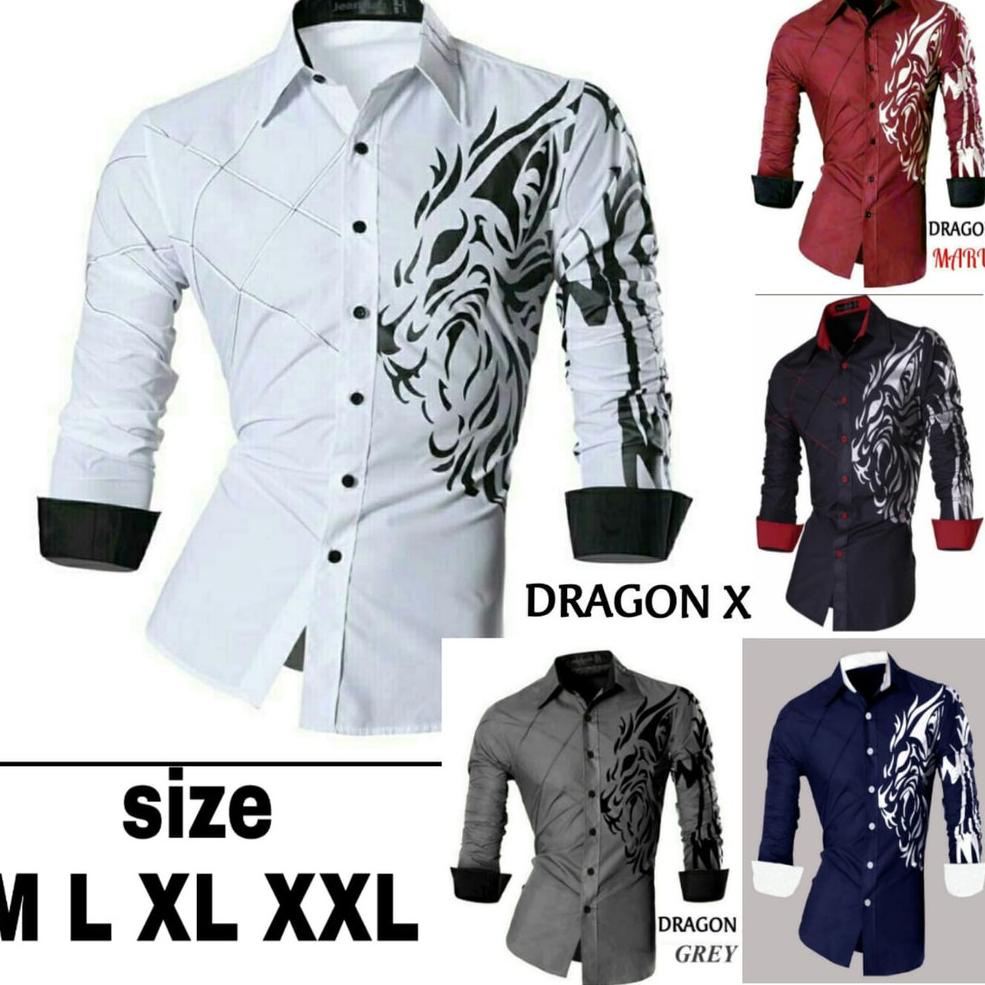 Promoramadhan Kemeja Kasual Pria | Baju Casual Pria Motif Dragon Naga | Atasan Pria Lengan Panjang |