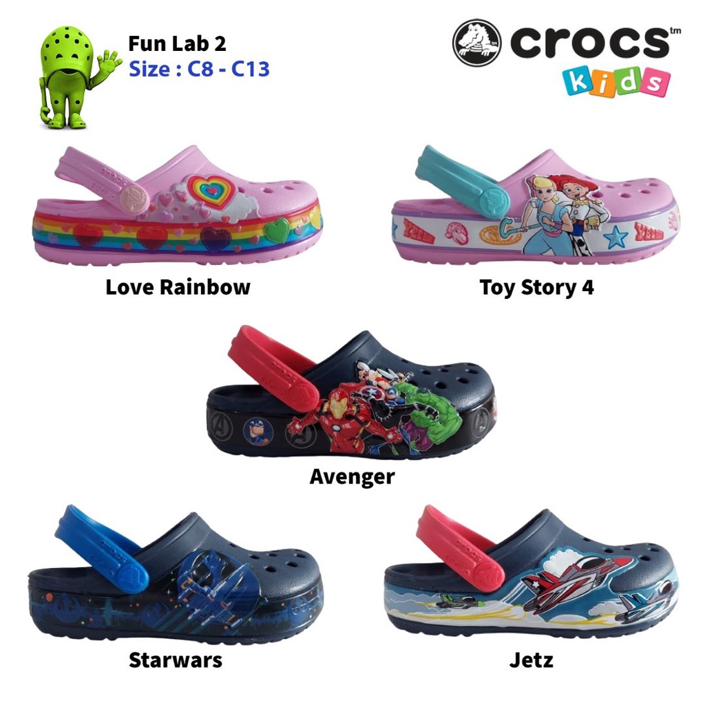 Crocs ANAK FUN LAB / Crocs Karakter / Crocs Anak / Sandal Anak / Sepatu Sandal Anak / Crocs KIDS / Crocs Gambar / Crocs Anak Perempuan / Crocs Anak Laki Laki / Crocs Avenger / Crocs Starwars / Crocs Love Ranbow / Crocs Jetz / Crocs Toystory / Crocs Marvel