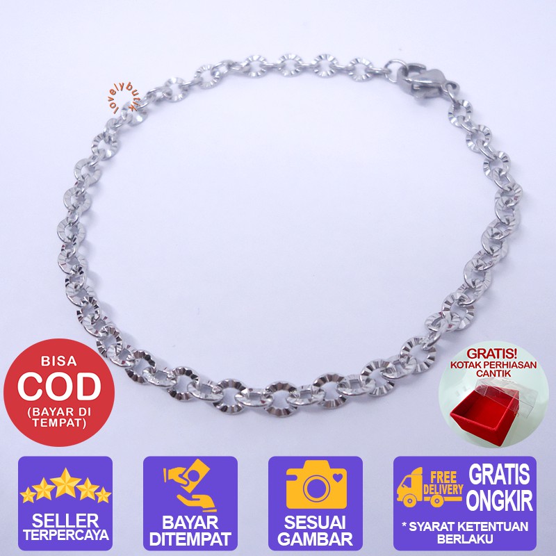 Lovelybutik  Gelang Titanium Asli  Anti Luntur Wanita  Polos Rantai Nori Donat BONUS KOTAK PERHIASAN