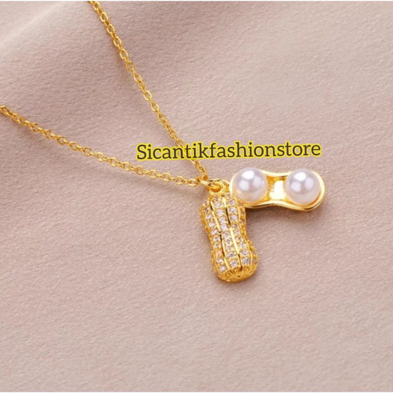 Kalung Titanium Liontin Gold Motif Kacang Fashion Wanita Terlaris Anti Karat Kalung Wanita Kekinian