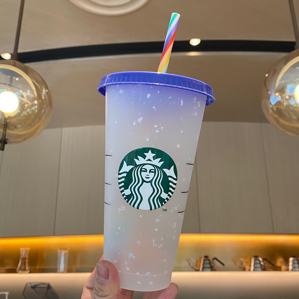 Starbucks Confetti Cup Reusable Color Changing Rainbow Cup Cold Cup with Straw