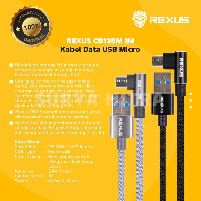 Kabel Data Micro Usb Rexus CB135M 1M Fast Charging 2.4A CB-135M