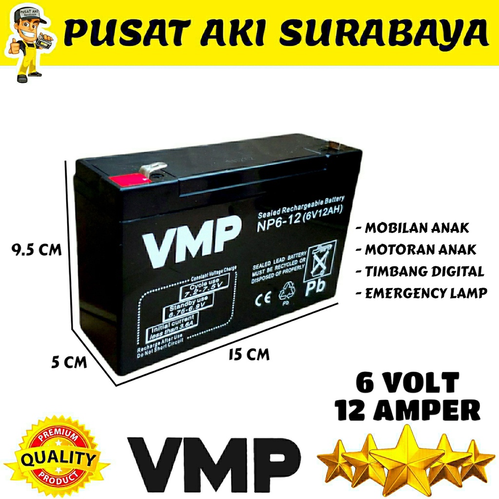 PROMO BATERAI VMP 6V 12AH SEALED RECHARGEABLE BATTERY EMERGENCY LAMP  AKI MOTOR MOBILAN ANAK 6 VOLT 12 AMPER