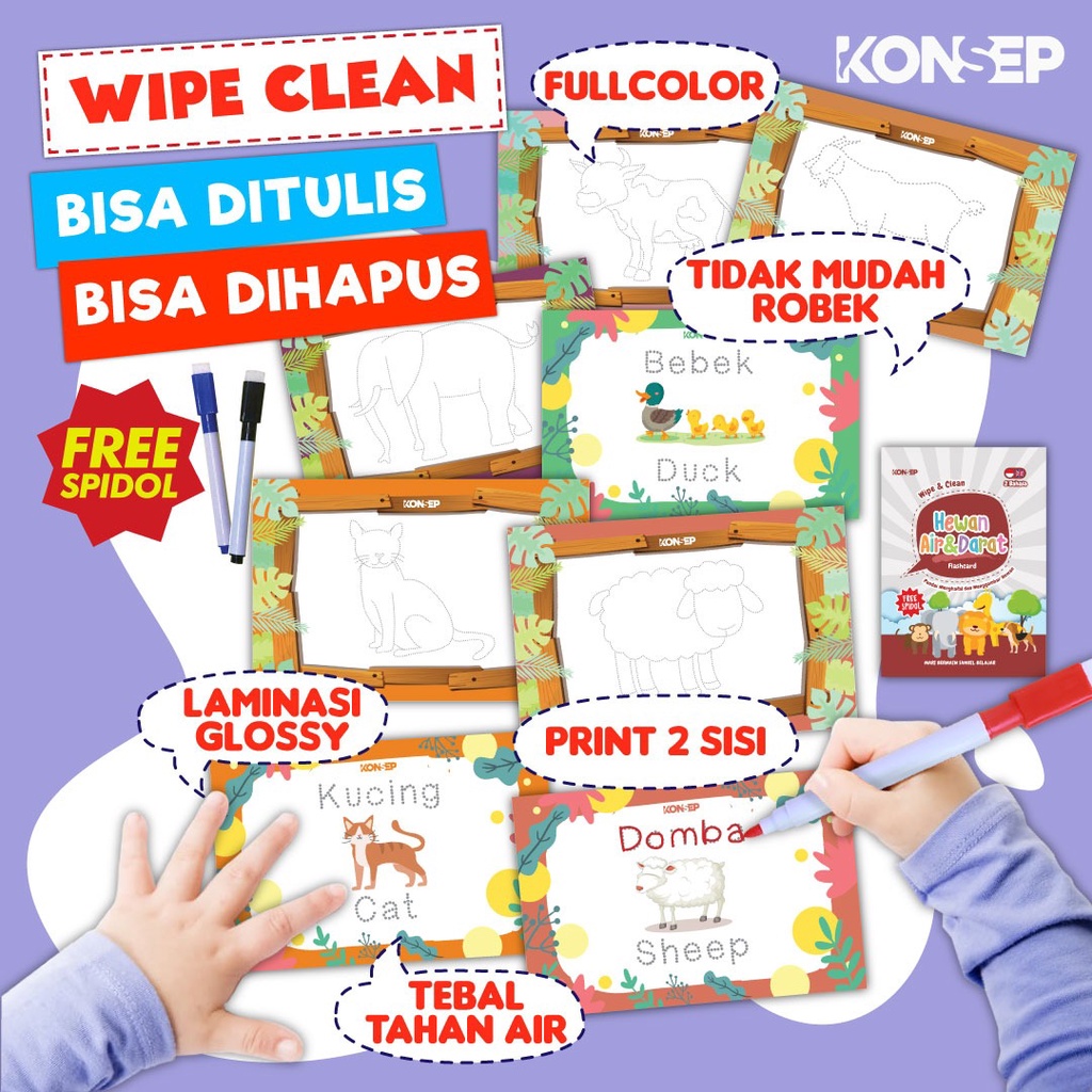 [FREE SPIDOL] Konsep Flashcard Wipe and Clean Hewan Air &amp; Darat / Flash Card / Mainan Edukasi