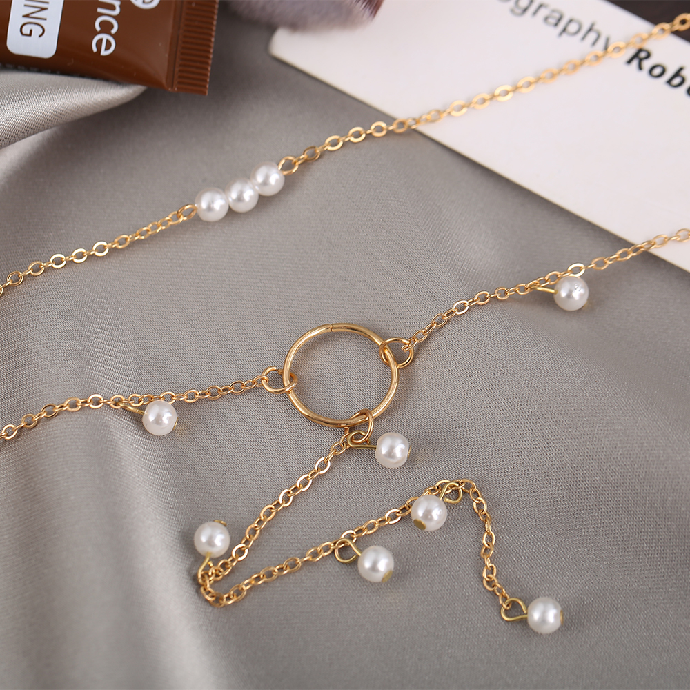 YEEZII Kalung Rantai Banyak Lapis Dengan Liontin Mutiara Warna Emas Untuk Wanita