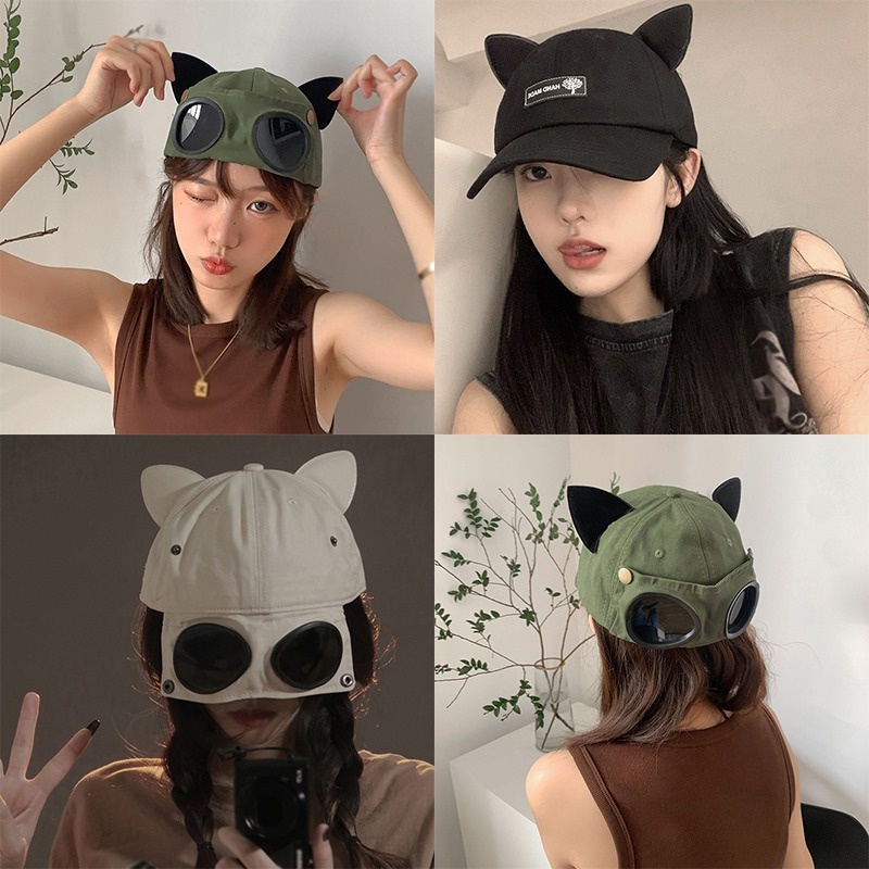 Topi Baseball Dengan Kacamata Hitam Bentuk Telinga Kucing Gaya Hip Hop Untuk Unisex