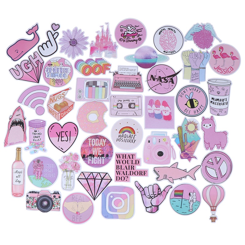 53pcs Stiker Kawaii Warna pink Untuk Koper laptop Mobil Dan scrapbook