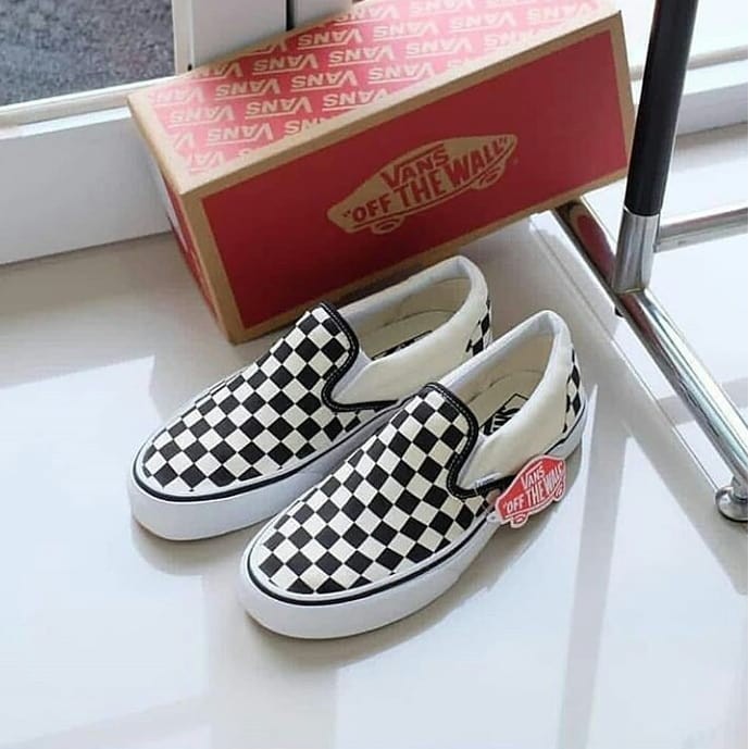 Sepatu Vans Motif Catur Kotak Waffle ICC Impor Premium Black White Sekolah Kuliah Kerja Keren Awet