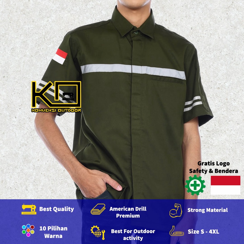 BAJU KEMEJA WEARPACK BAJU SAFETY K3 OUTDOOR INDOOR - Seragam Kemeja Kerja Lapangan Lengan Pendek Proyek Bangunan Tambang Alat Berat PLN Enginer Instalasi Mesin werpek sefti Scotlit Warna Hijau Army Konveksi Outdoor